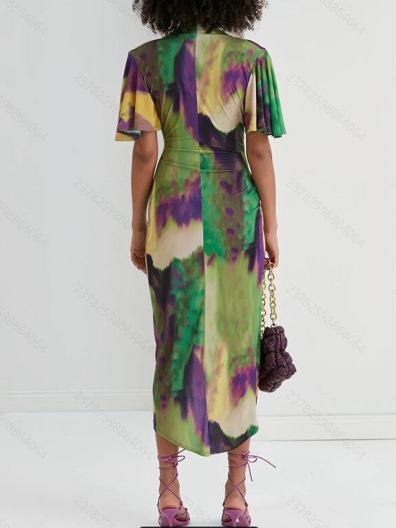 Green Printed Flare Sleeve V-Neck Dress