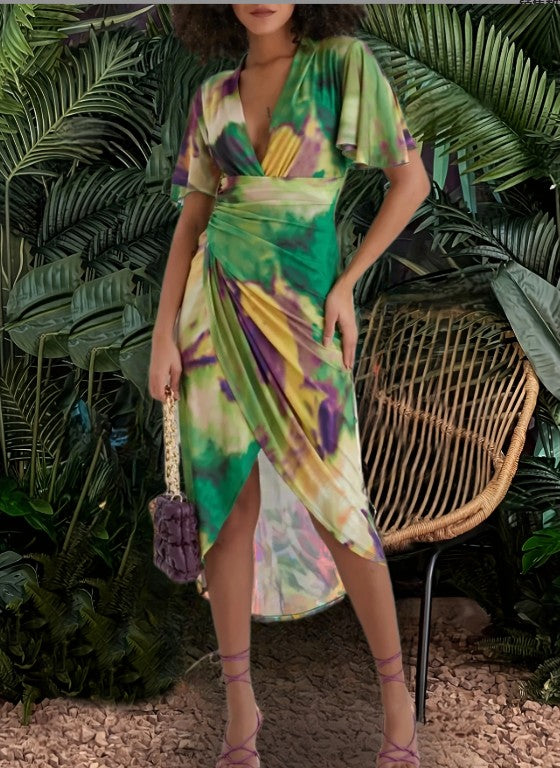 Green Printed Flare Sleeve V-Neck Dress