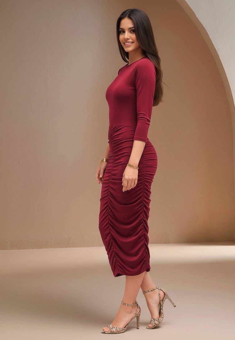 Maroon Fitted Round Neck Dress