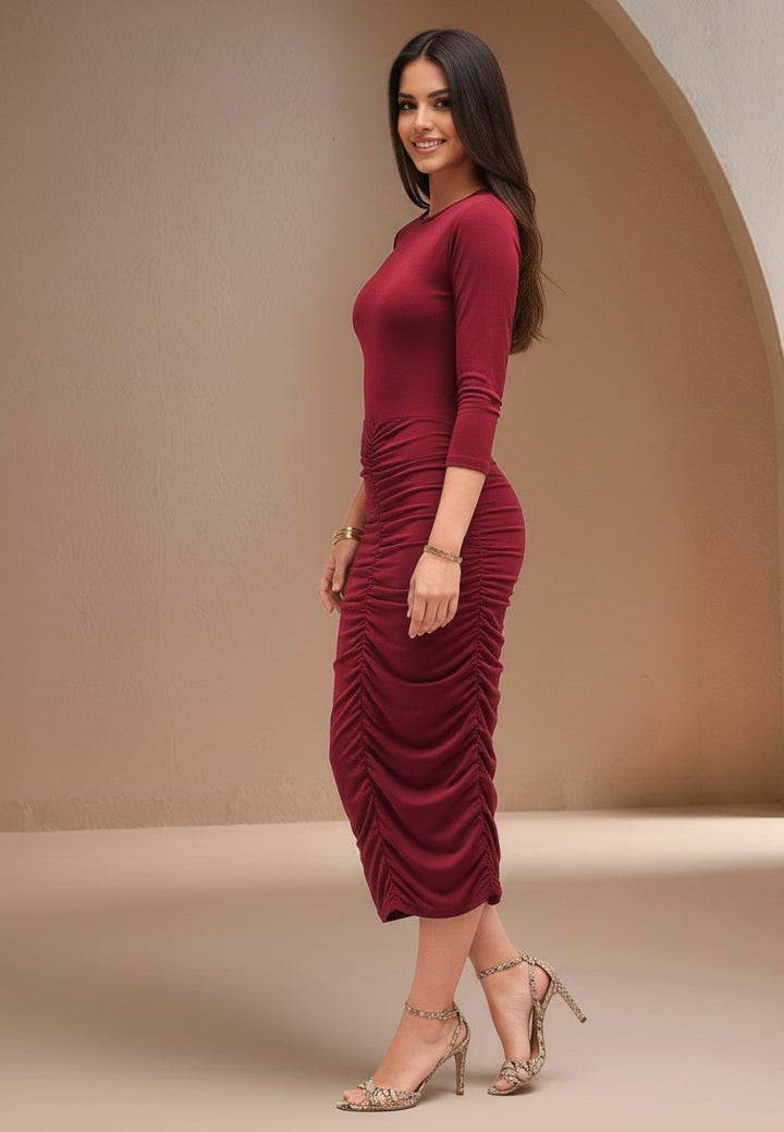 Maroon Fitted Round Neck Dress
