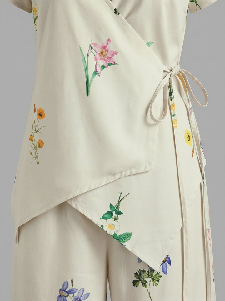 White Printed Wrap Top Co-ord And Wide Leg Trouser With Lace Trim