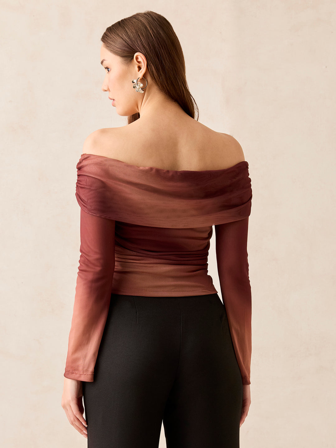 Brown Off Shoulder Mesh Top