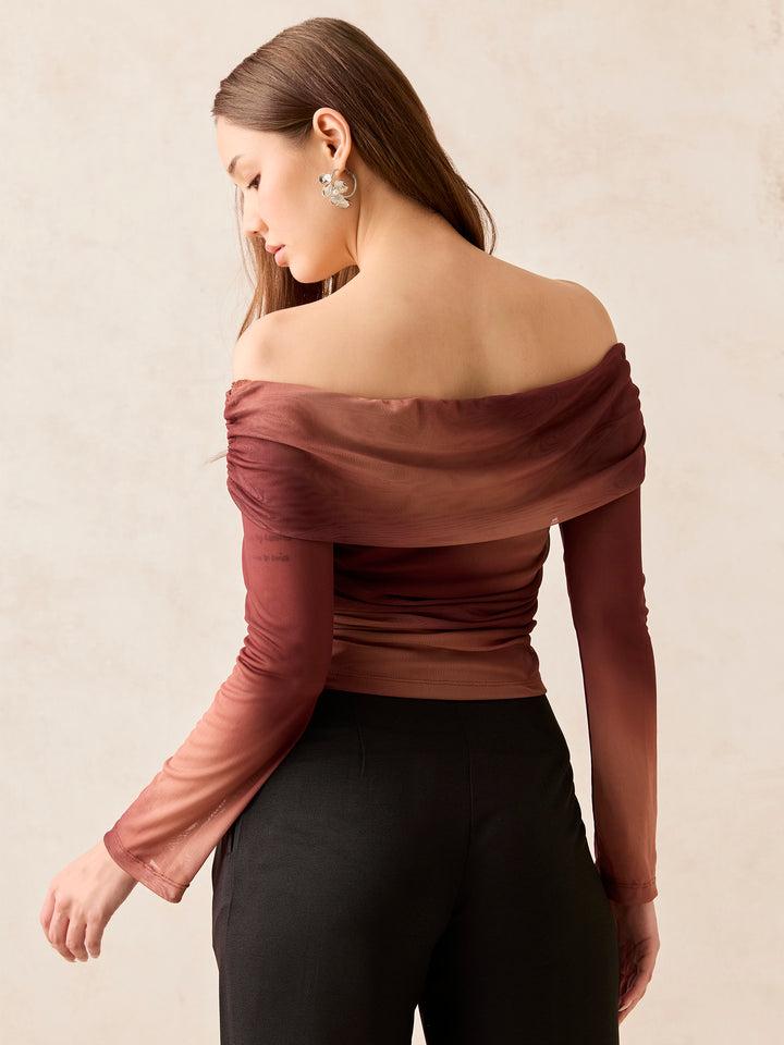 Brown Off Shoulder Mesh Top
