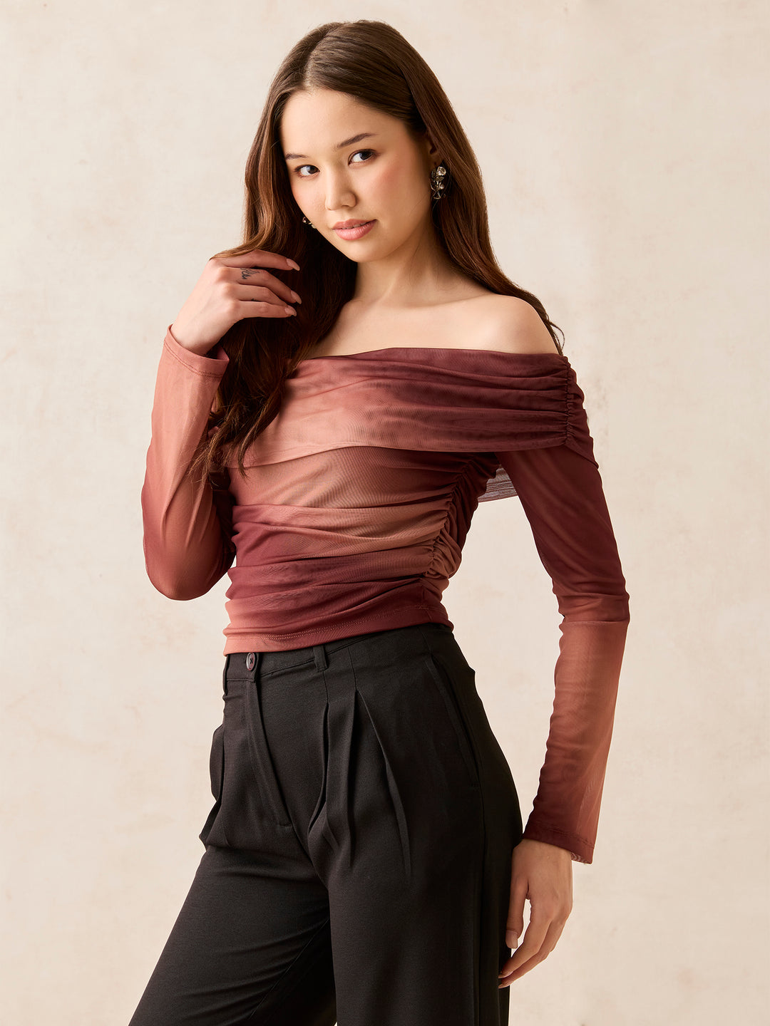 Brown Off Shoulder Mesh Top