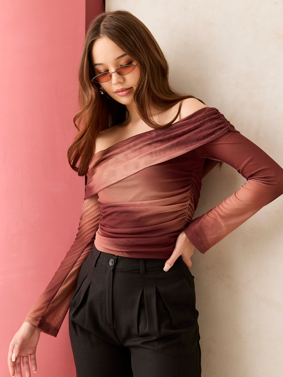 Brown Off Shoulder Mesh Top