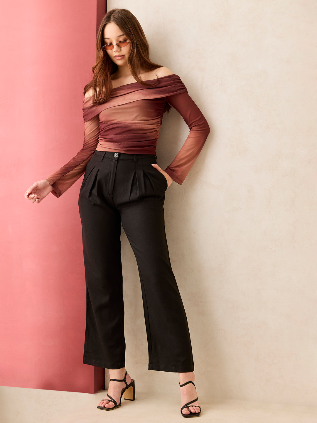 Brown Off Shoulder Mesh Top