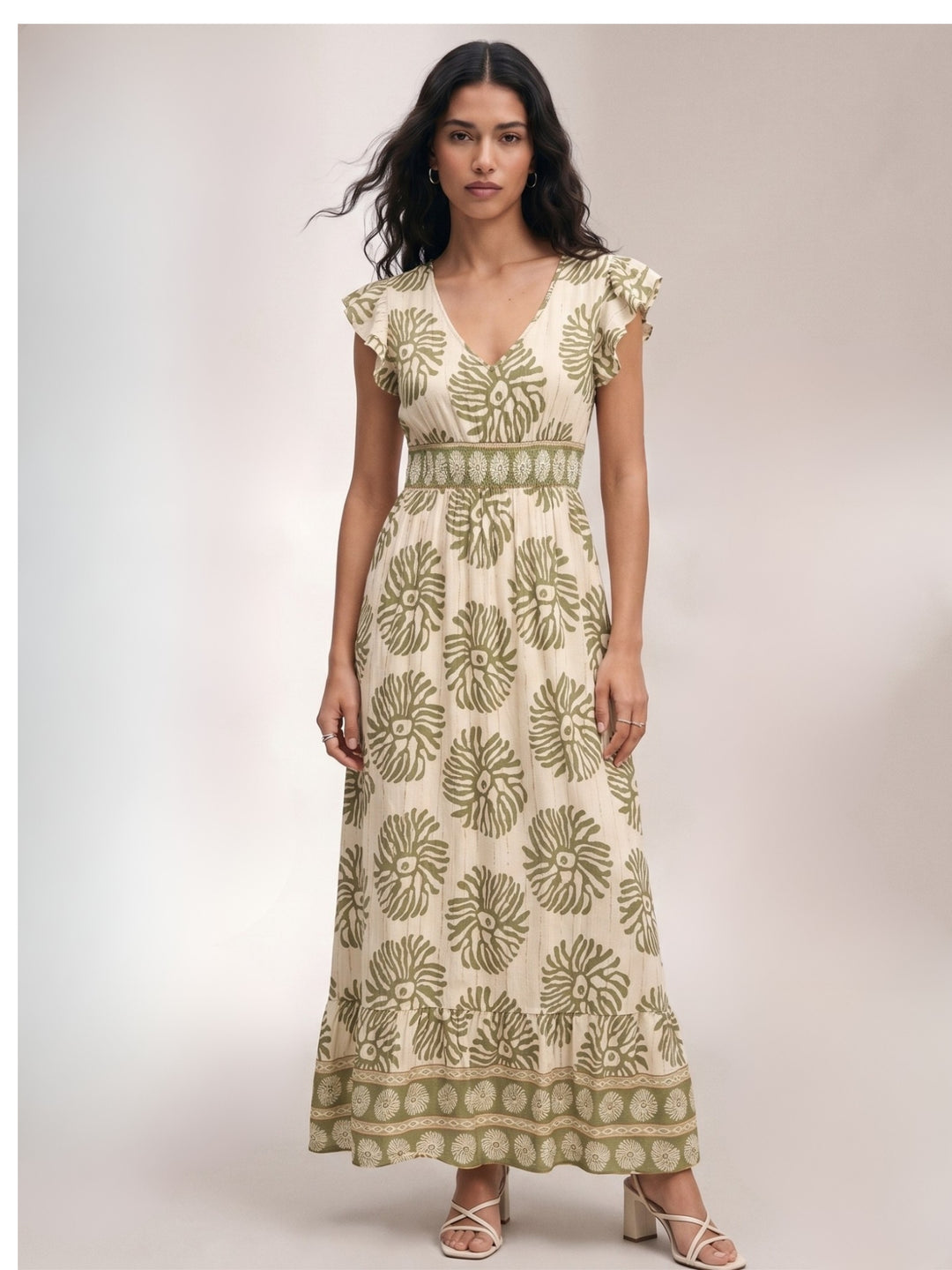 Green Printed Flutter Sleeved Dress