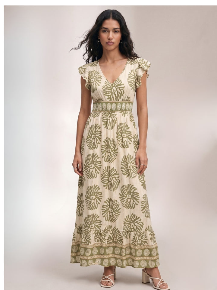 Green Printed Flutter Sleeved Dress