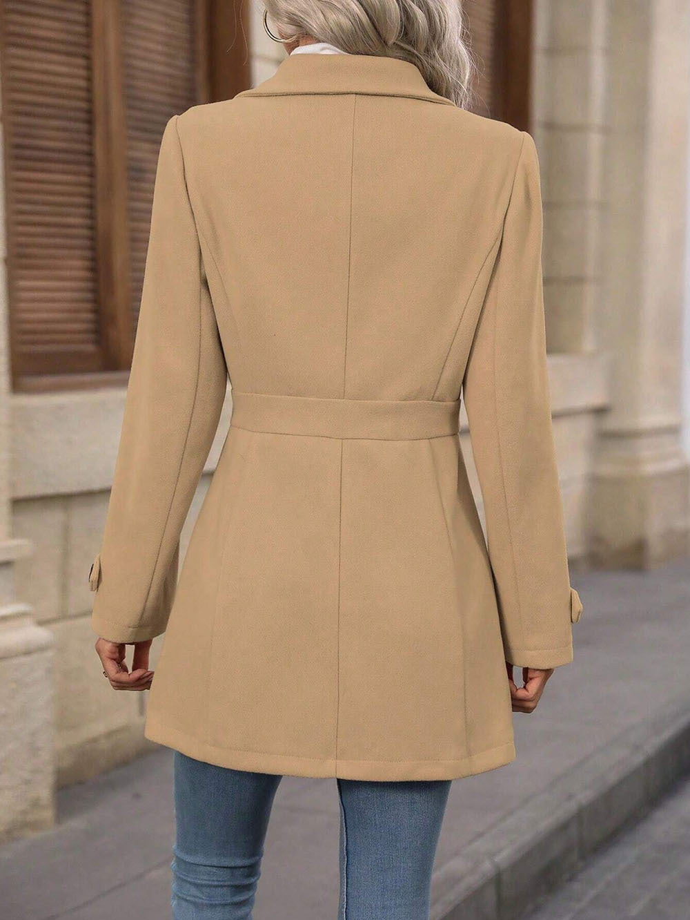 Khaki Big Collar Full Sleeve Long Belted Buttoned Coat