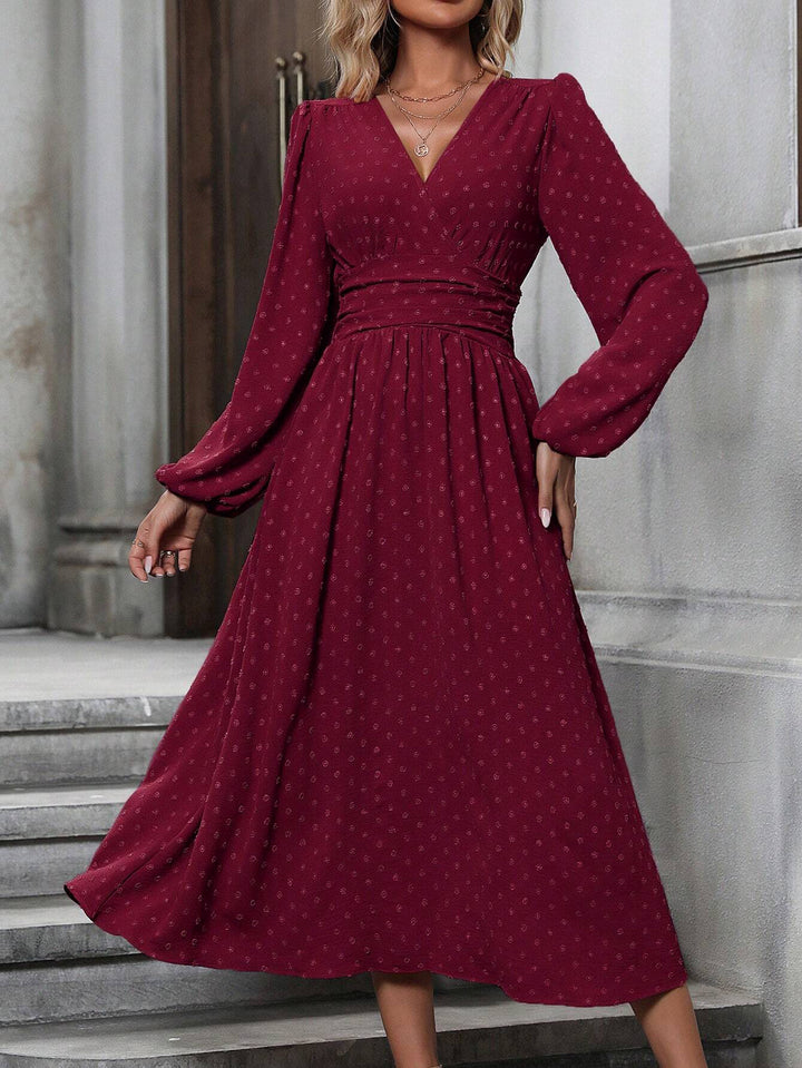 Burgundy Full Sleeve V Neck Flared Dress