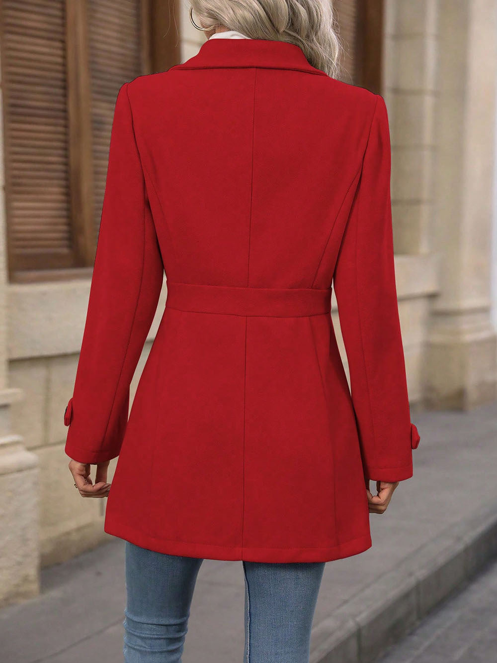 Red Big Collar Full Sleeve Long Belted Buttoned Coat