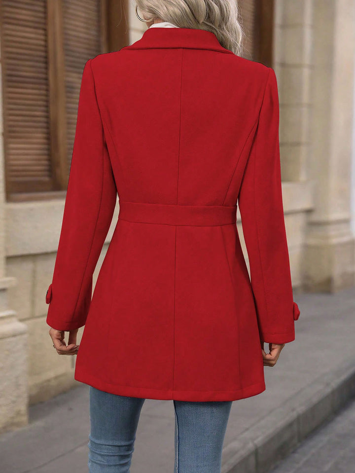 Red Big Collar Full Sleeve Long Belted Buttoned Coat