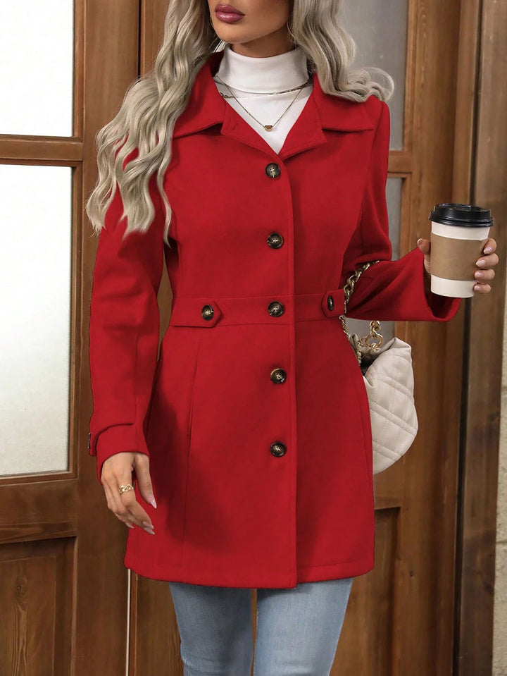 Red Big Collar Full Sleeve Long Belted Buttoned Coat