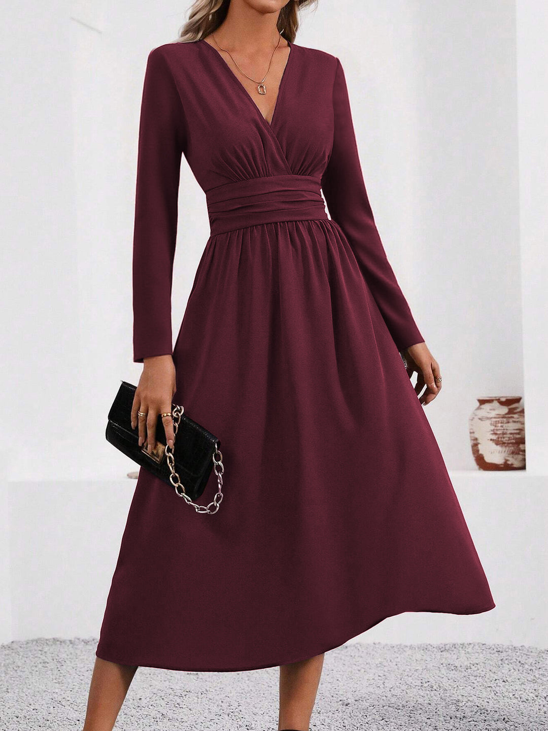 Burgundy Full Sleeve V Neck Flared Dress