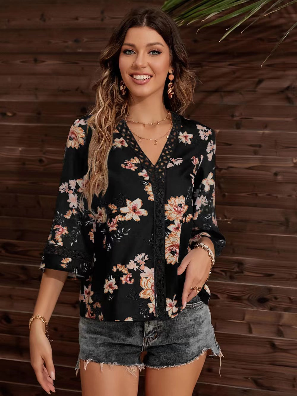 Black Short Sleeve V Neck Floral Top