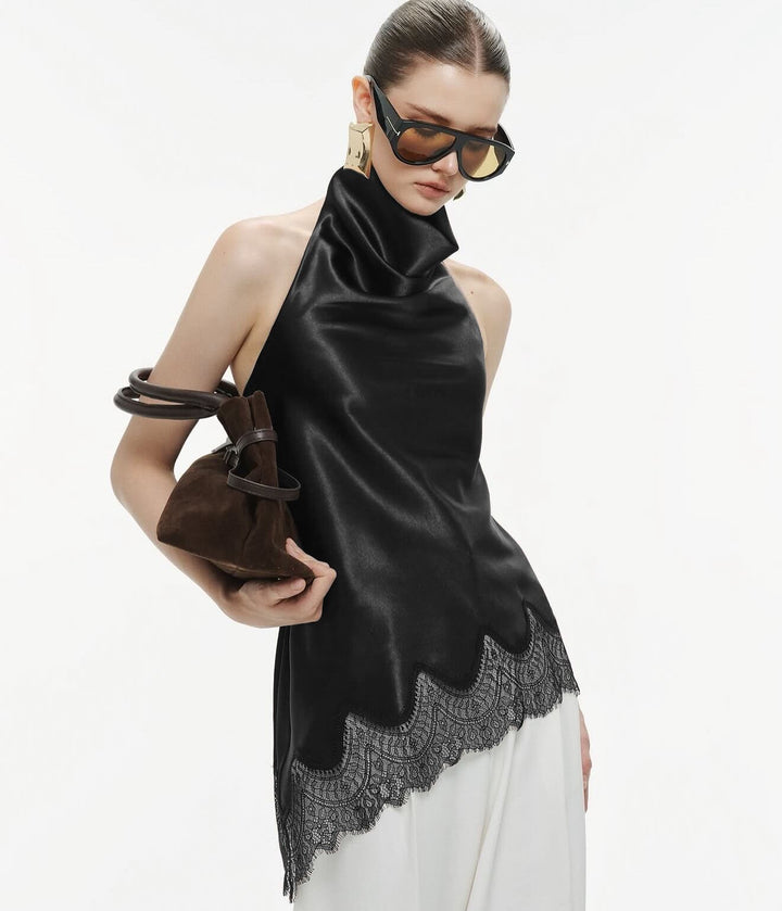 Black High Neck Satin Top With Lace Hem