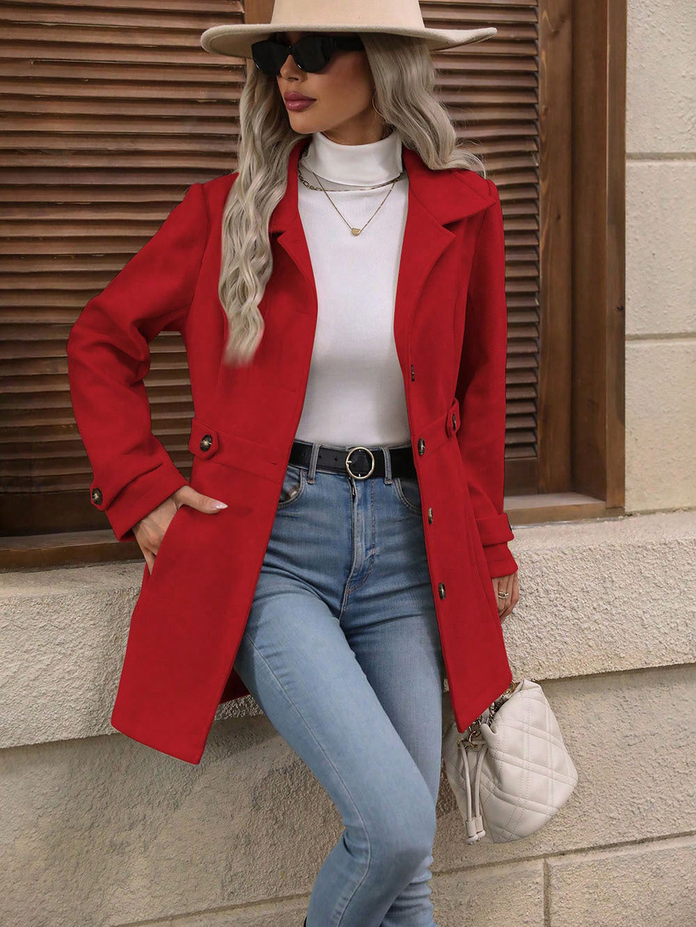 Red Big Collar Full Sleeve Long Belted Buttoned Coat