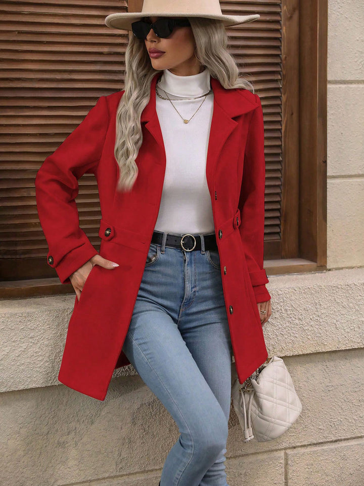 Red Big Collar Full Sleeve Long Belted Buttoned Coat