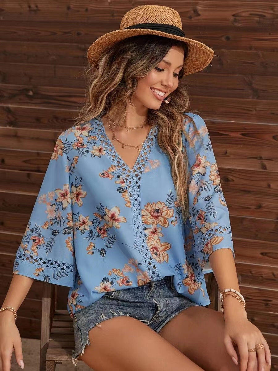 Light Blue Short Sleeve V Neck Floral Top