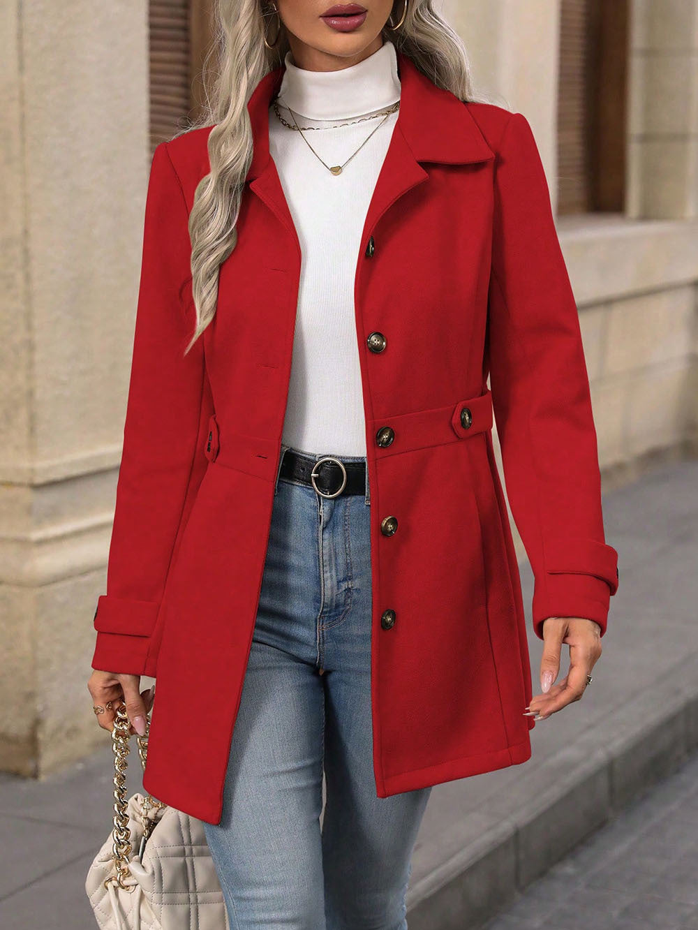 Red Big Collar Full Sleeve Long Belted Buttoned Coat