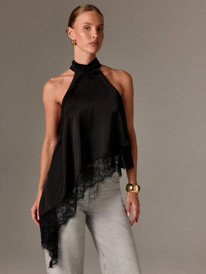 Black High Neck Satin Top With Lace Hem