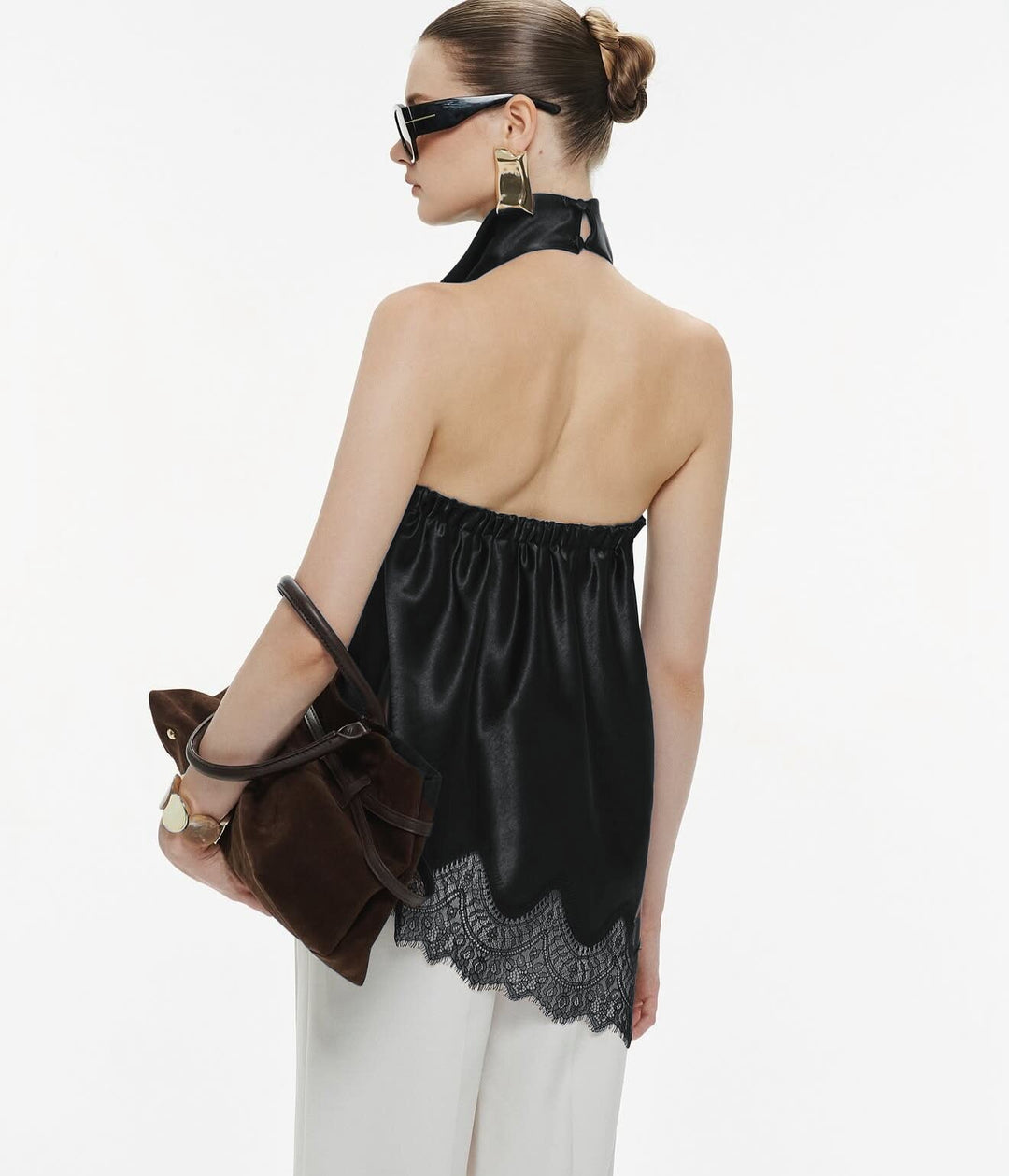 Black High Neck Satin Top With Lace Hem