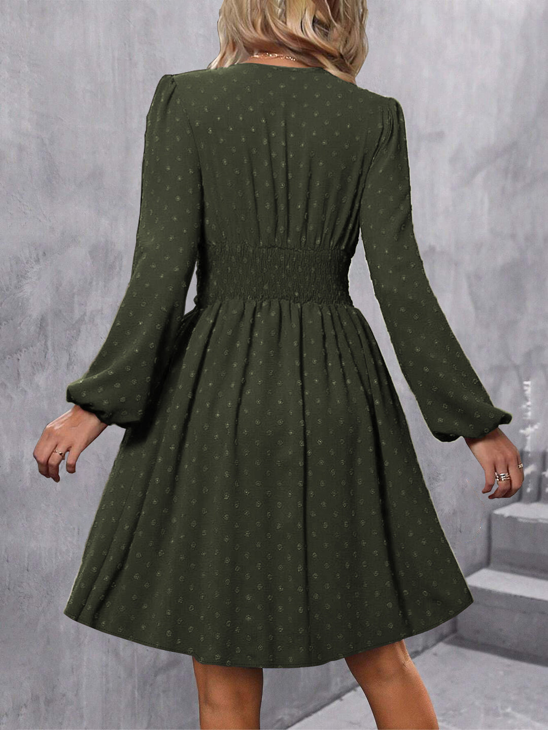 Olive Bishop Sleeve V Neck Flared Dress