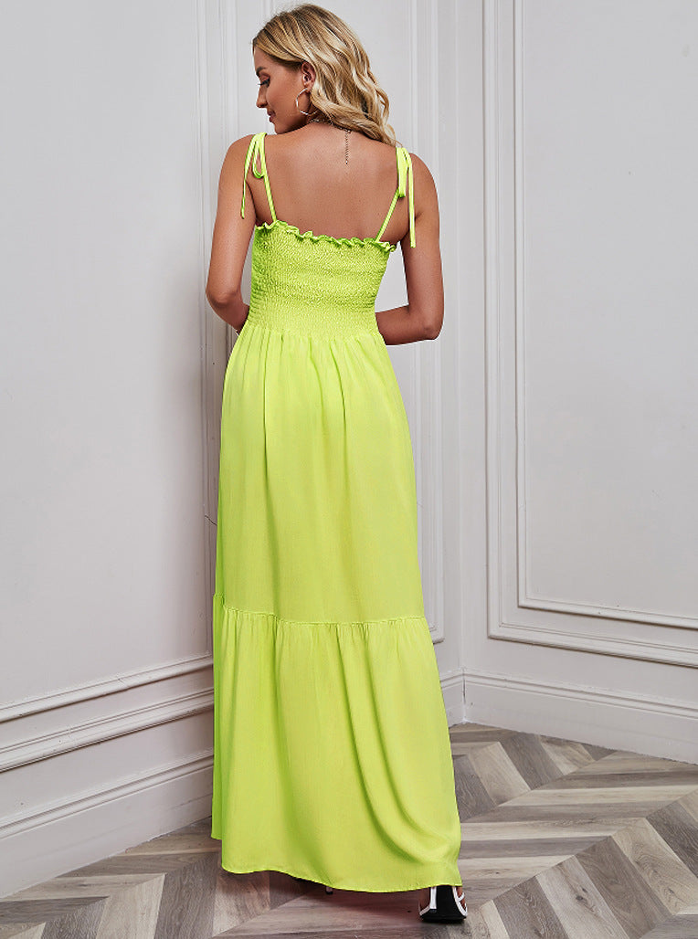 Lime Shoulder Tie-Up Tiered Dress