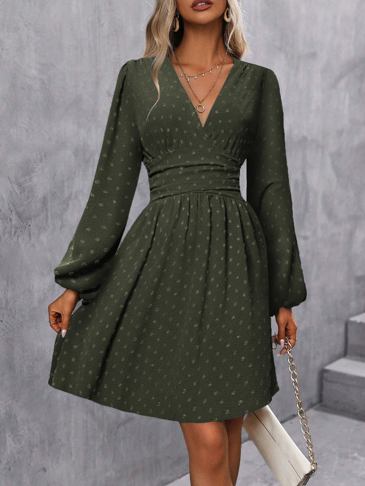 Olive Bishop Sleeve V Neck Flared Dress