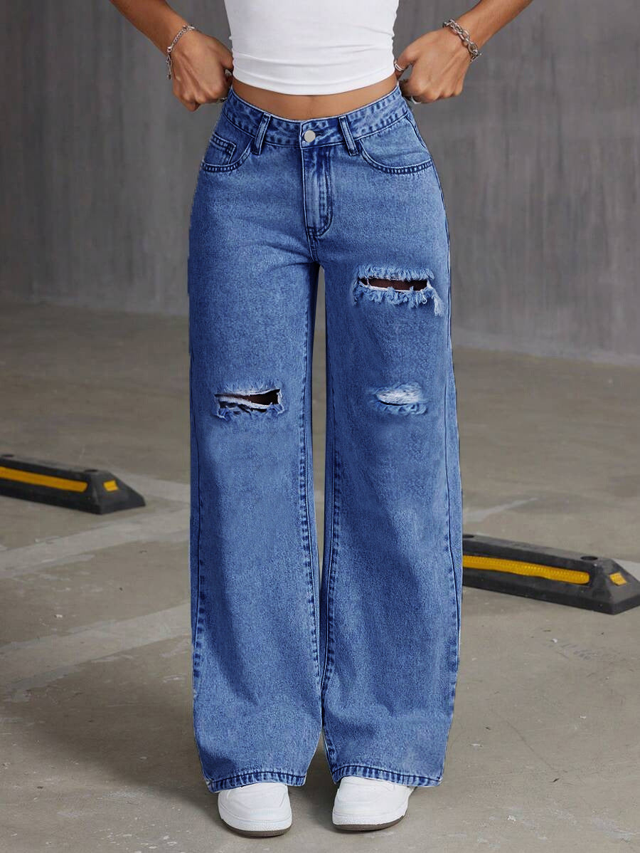 Blue High Waist Distressed Denim