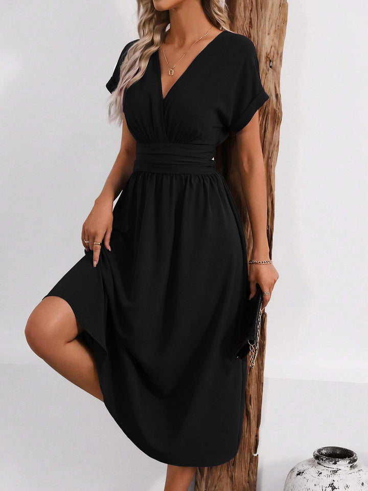 Black Short Sleeve V Neck Dress