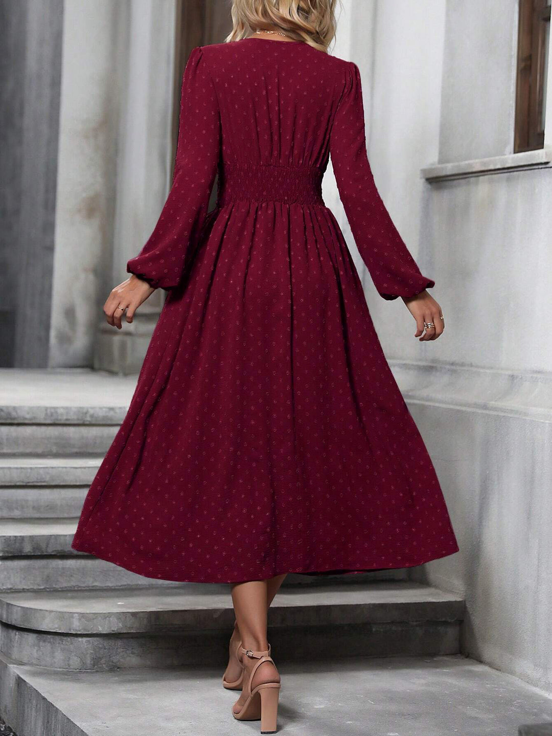 Burgundy Full Sleeve V Neck Flared Dress