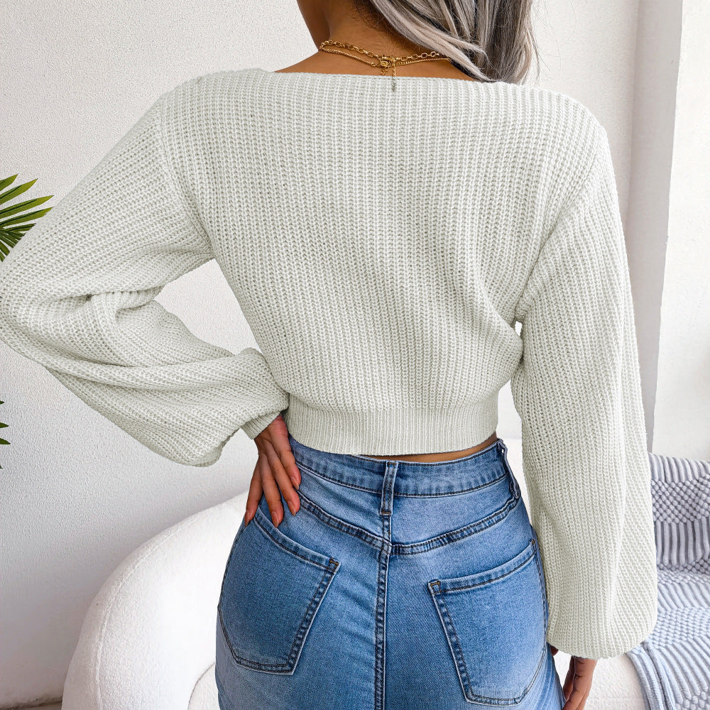 White Scoop Neck Bow Tie Up Sweater