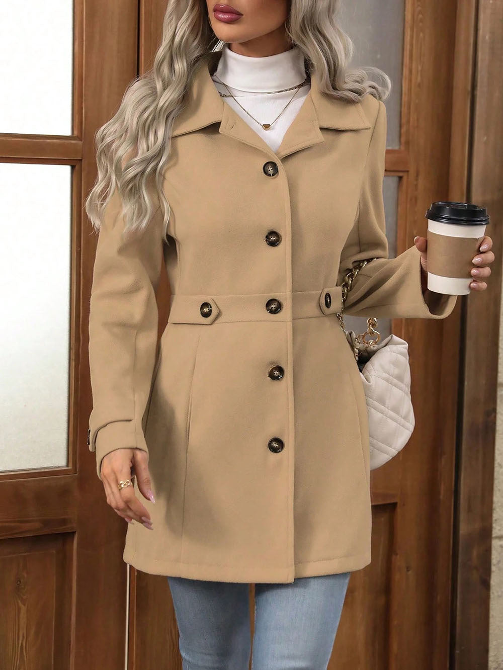 Khaki Big Collar Full Sleeve Long Belted Buttoned Coat