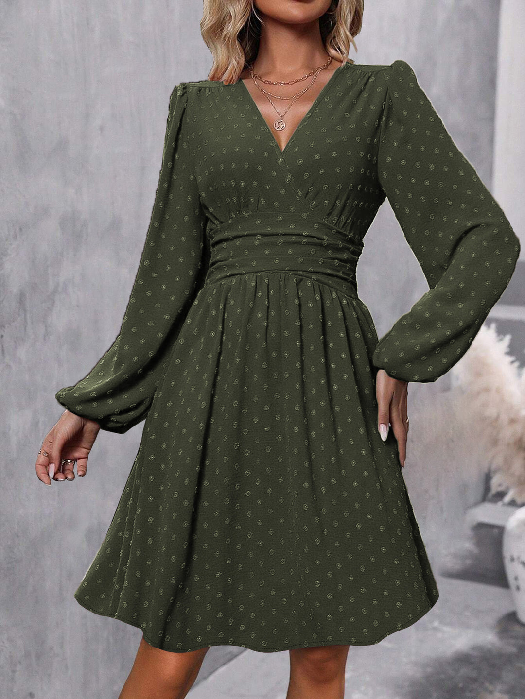 Olive Bishop Sleeve V Neck Flared Dress