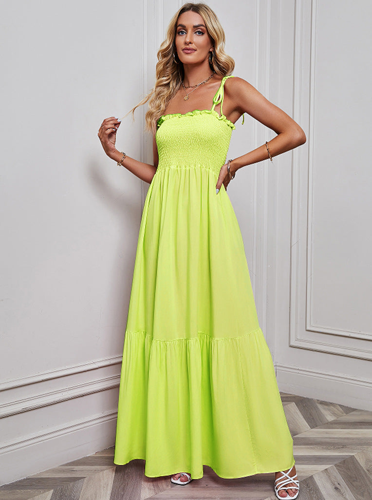Lime Shoulder Tie-Up Tiered Dress