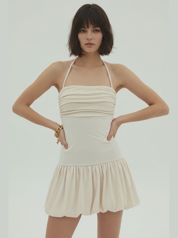 Cream Shoulder Strap Fitted Bubblehem Dress