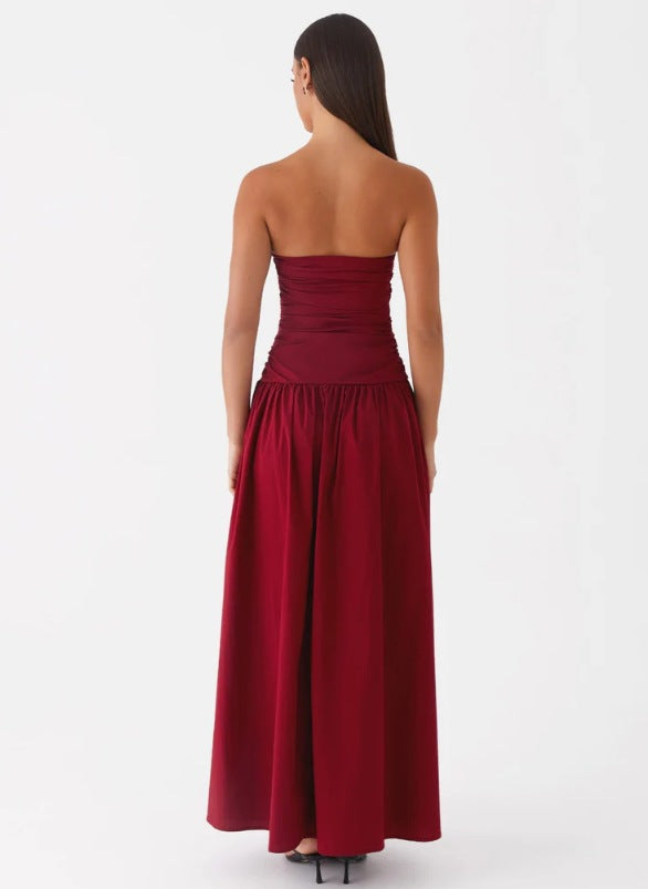 Maroon Off Shoulder Drop Waist Dress