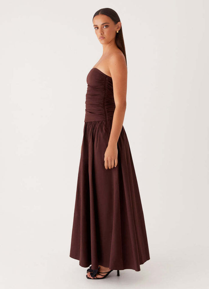 Brown Off Shoulder Drop Waist Dress
