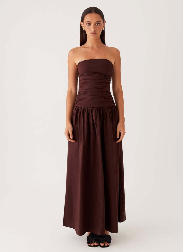 Brown Off Shoulder Drop Waist Dress