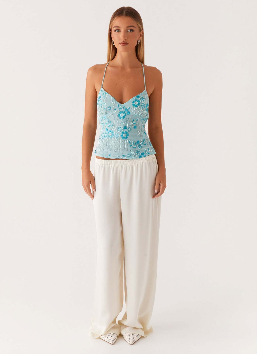 Blue Spaghetti Strap Embellished Camisole
