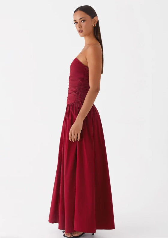 Maroon Off Shoulder Drop Waist Dress
