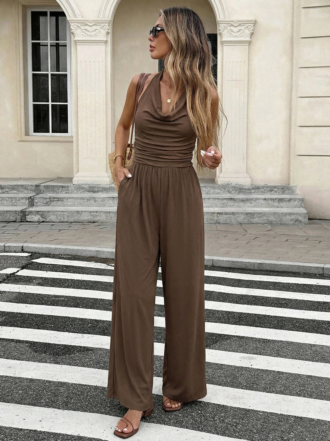 Brown Cowl Neck Solid Jumpsuits