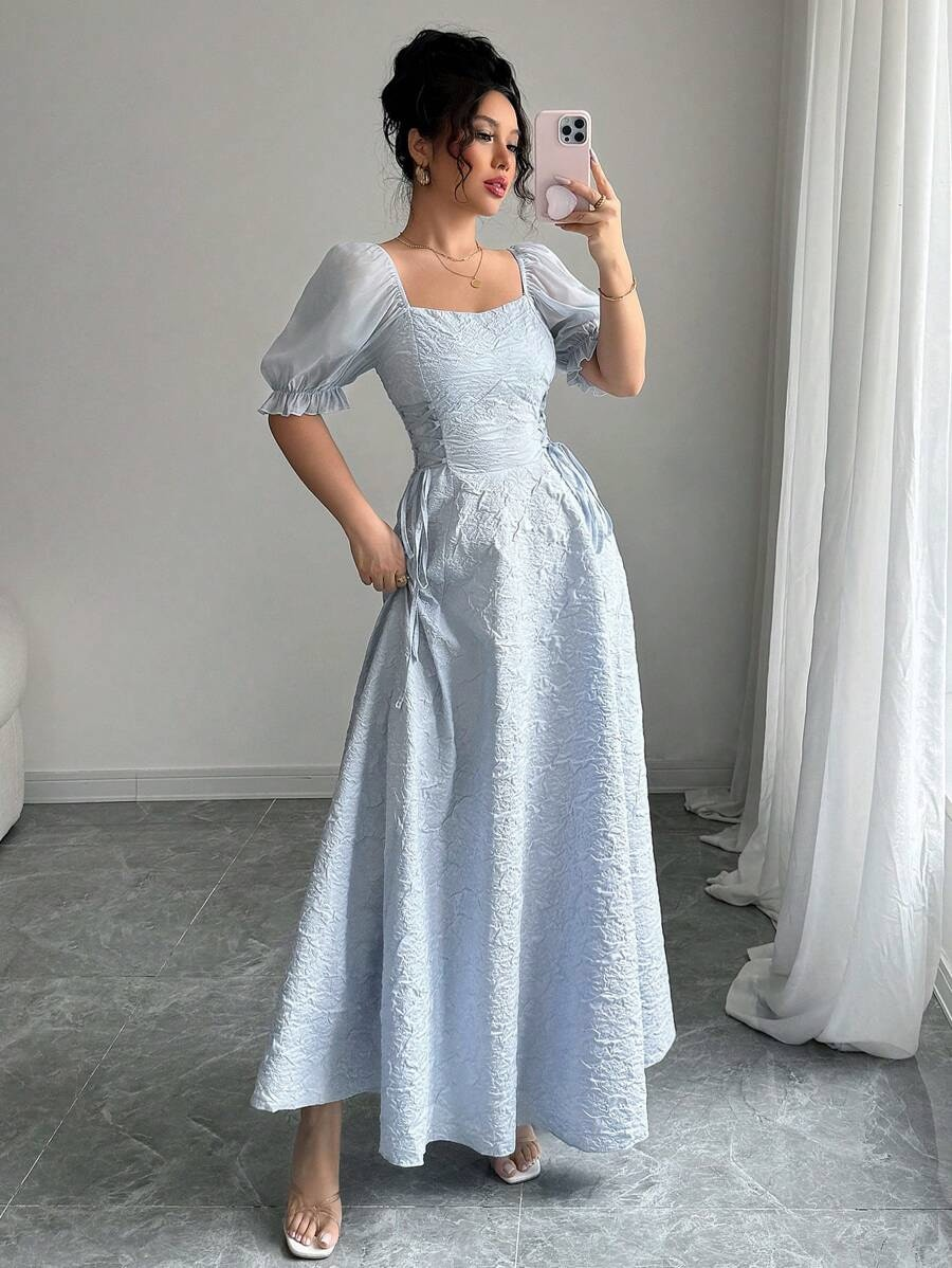Light Blue Textured Sweetheart Neckline Dress