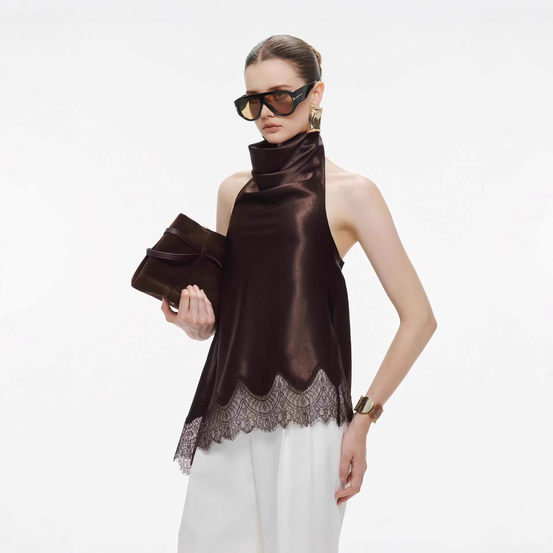 Brown High Neck Satin Top With Lace Hem