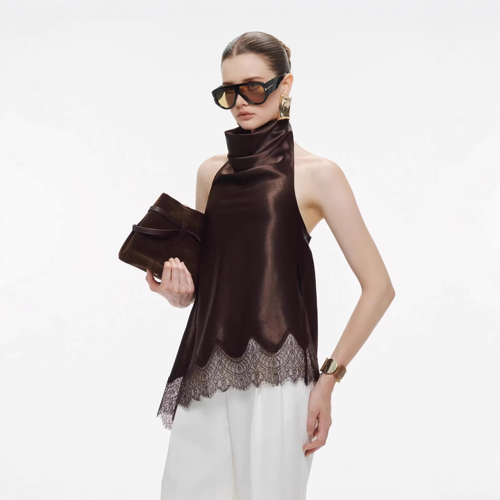 Brown High Neck Satin Top With Lace Hem