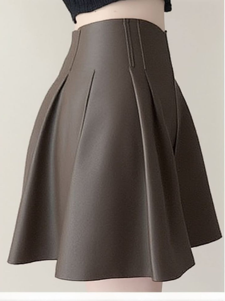 Brown Pleated Pu Shorts