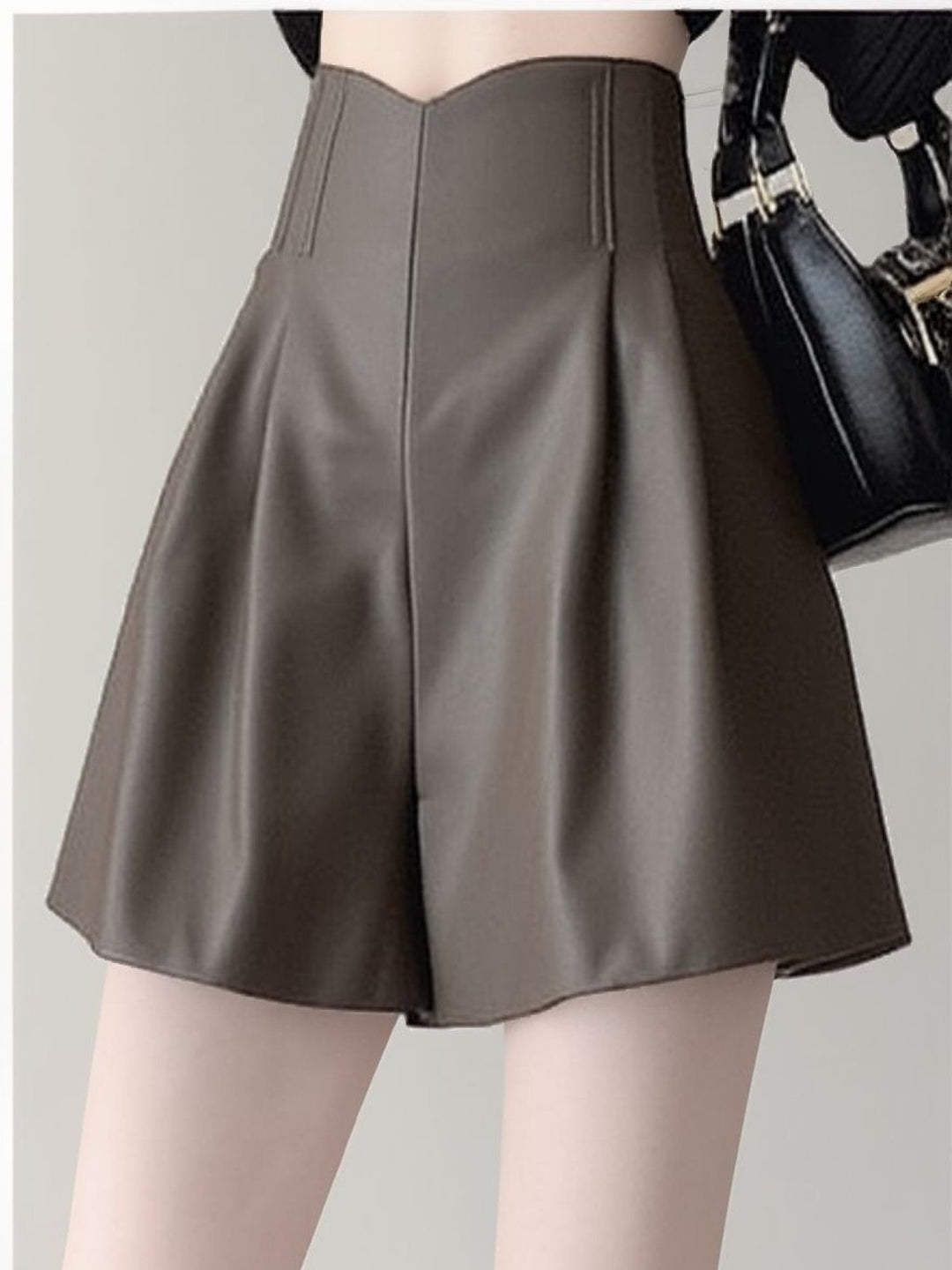 Brown Pleated Pu Shorts