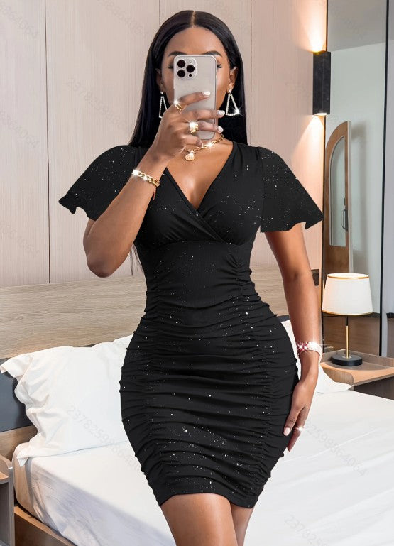 Black Flare Sleeve V-Neck Fitted Dress
