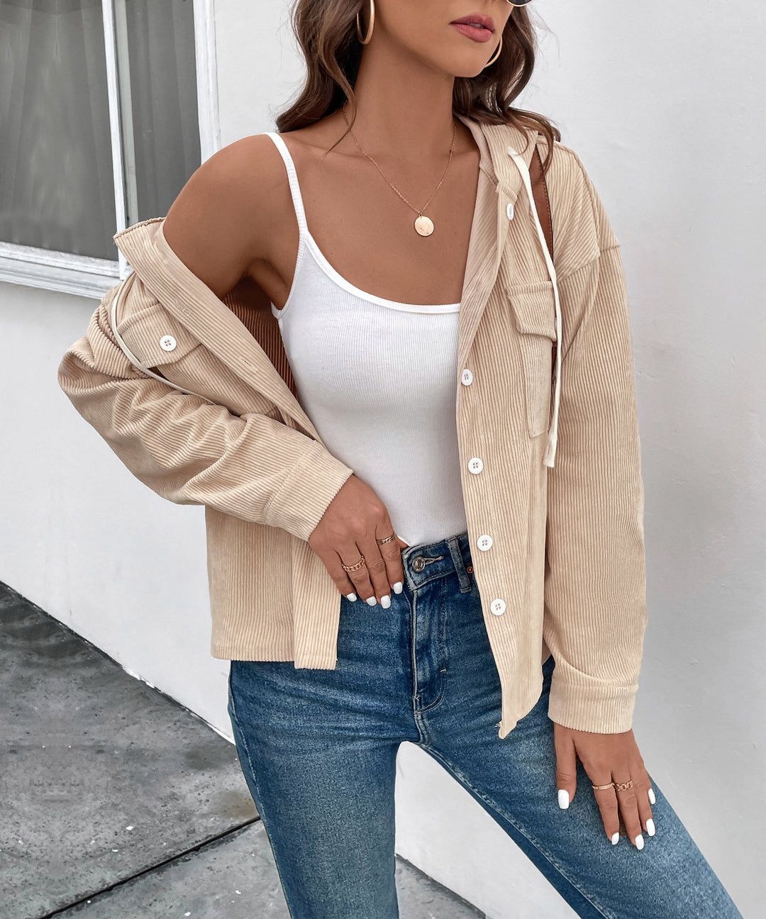 Beige Full Sleeve Corduroy Front Buttoned Hooded Jacket
